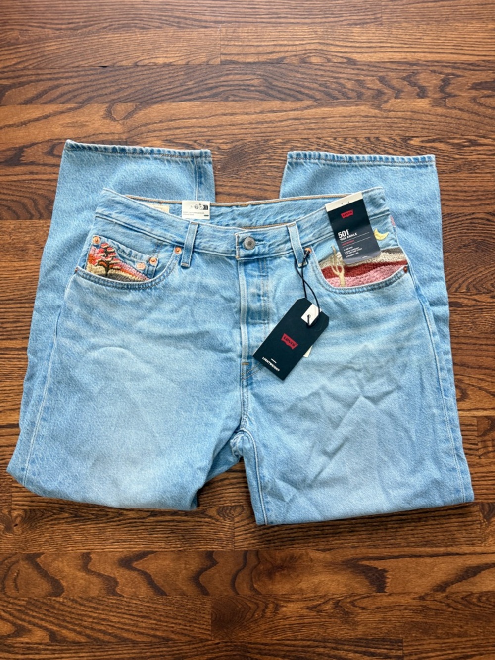 Levi's Light Blue 501 Ankle Jeans with Multicolor Embroidered Pocket